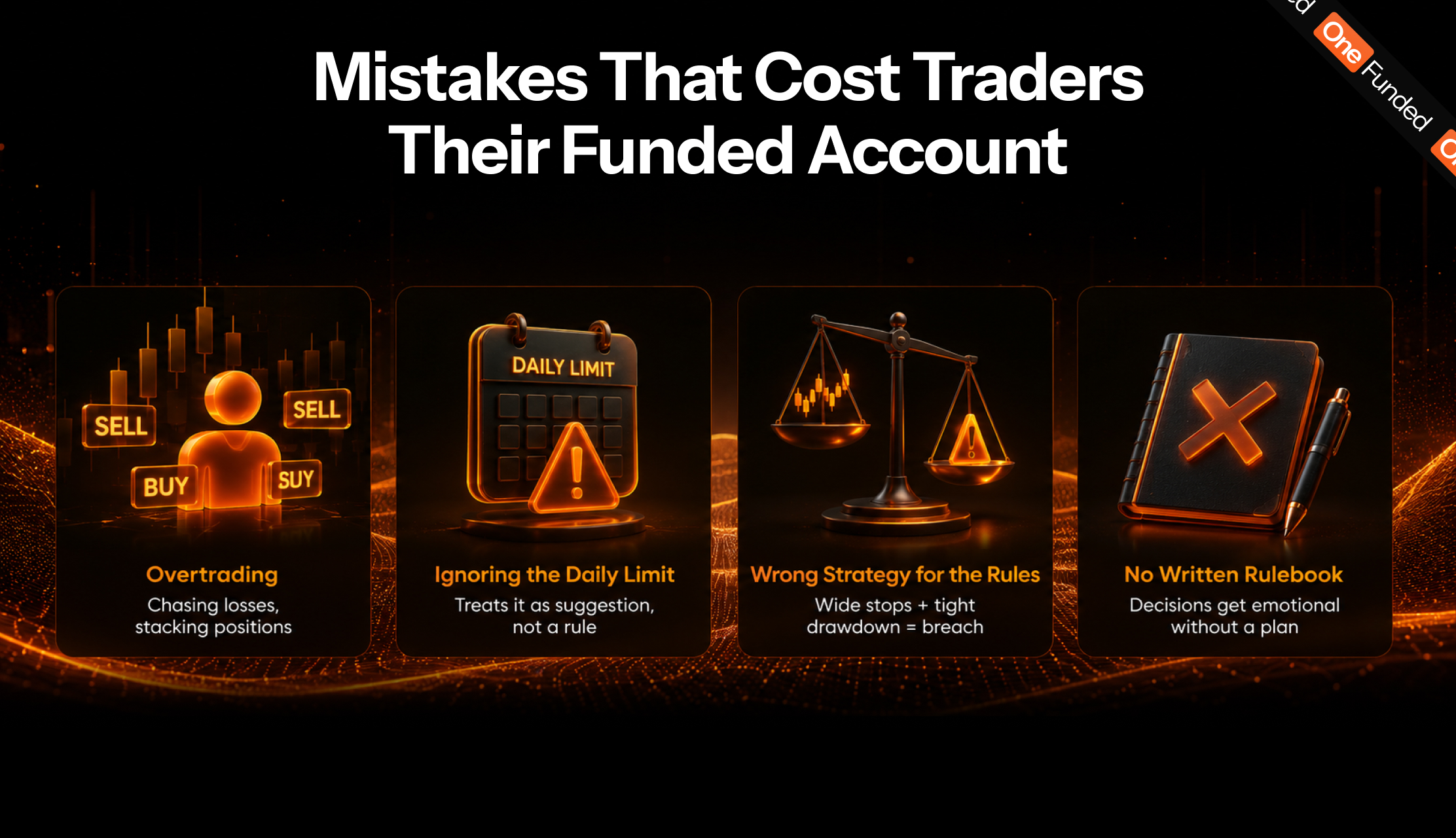 Common mistakes that cost traders their funded account: overtrading, ignoring the daily limit, wrong strategy, no written rulebook